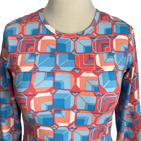 J.McLaughlin Catalina Cloth 3/4 Sleeve Geometric Print Coral Blue Top Size M - Picture 3 of 11